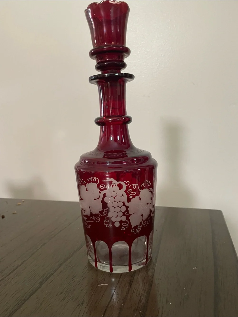 Vintage Ruby Red Etched Glass Decanter with Stopper - Vintage